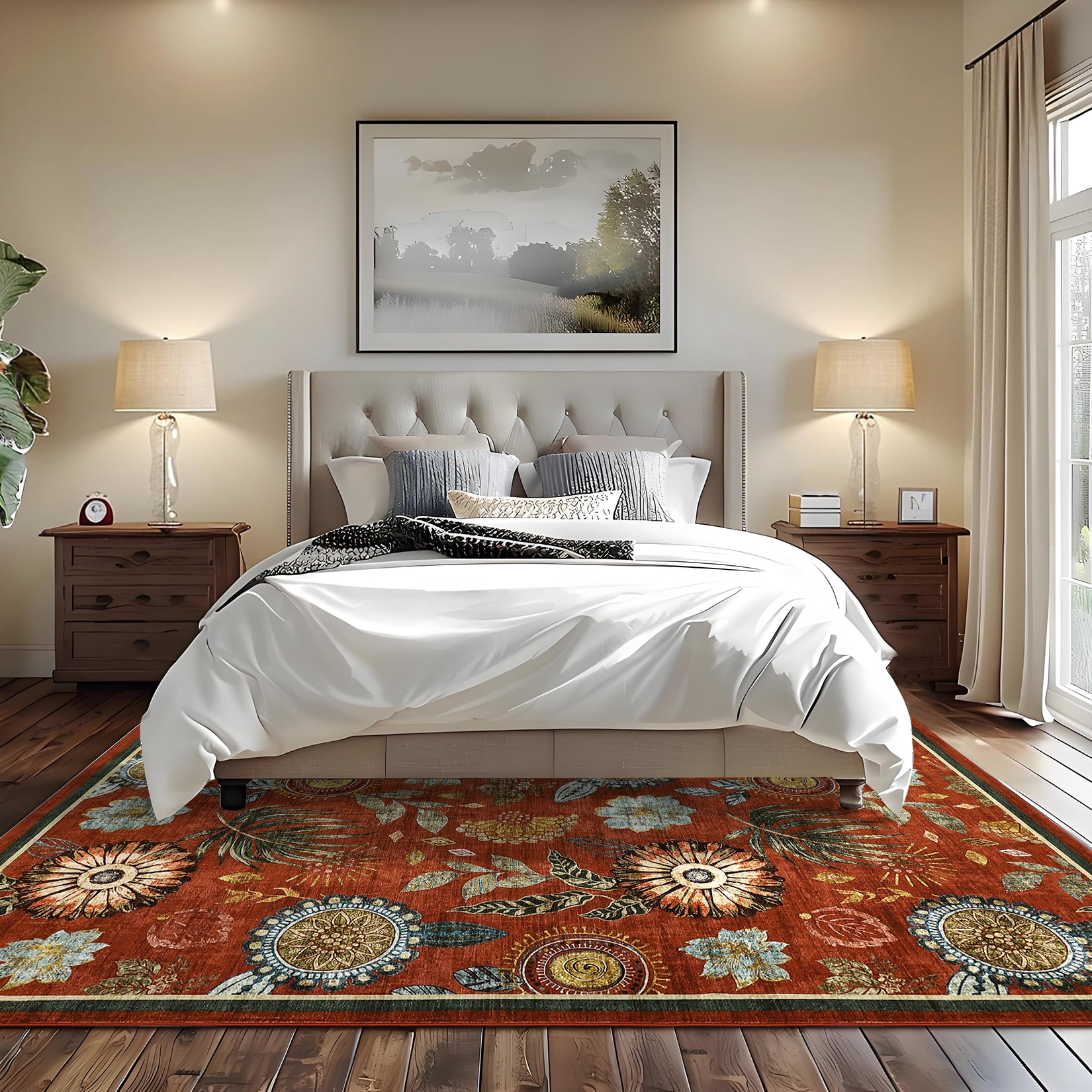 HOMERRY Area Rug 5' x 7' Throw Rugs for Living Room Modern Washable Indoor Floral Print Carpet, Red