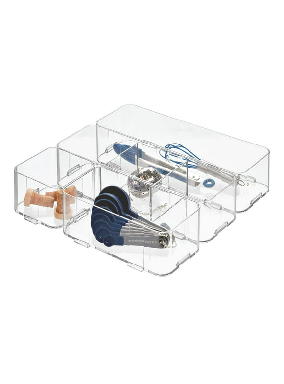 iDesign Clarity Plastic Kitchen Interlocking Drawer Organizers, Set of 4, 12" x 12"