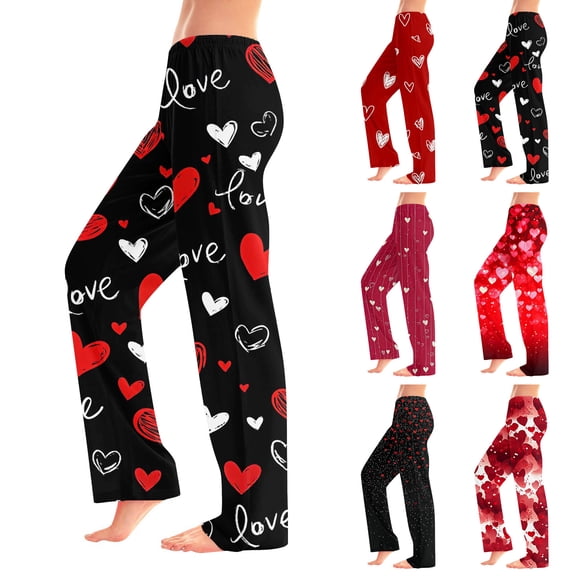 Womens Valentine Pajama Pants High Waisted Sleepwear Pants with Heart Print Loose Wide Leg Lounge Pants for Cozy Sleep Red XL