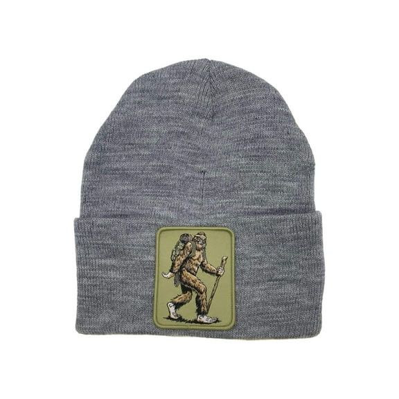 Sasquatch Beanie with Hiking Bigfoot Patch - Outdoor Adventure Winter Hat for Nature Enthusiasts - Grey