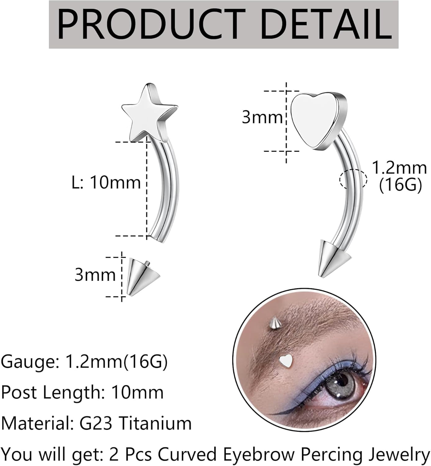 Heart Piercing Jewelry Titanium Eyebrow Rings Star Vertical Labret Lip Jewelry 16G Curved Barbells Daith Earrings for Women Men (10mm)