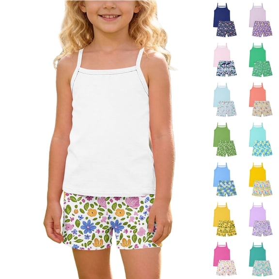 Asxite Toddler Girls Summer Outfits Print Floral Sleeveless Tank Top and Shorts Set 4-15Y