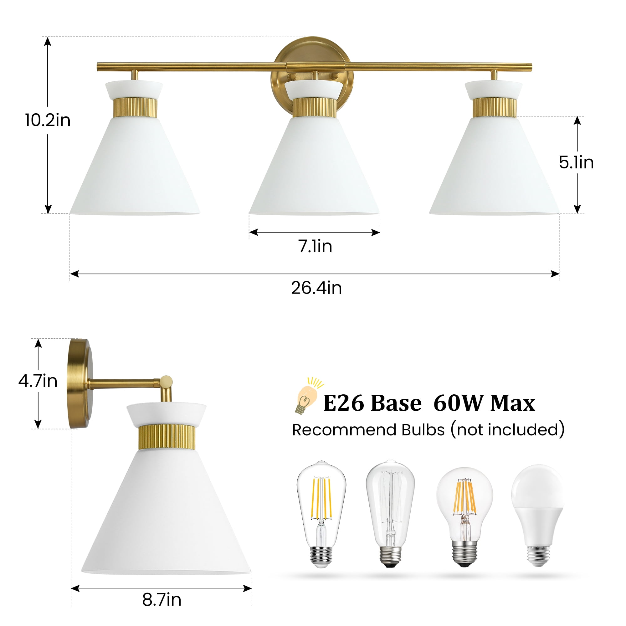 3-Lights Vanity Lights for Bathroom Gold Wall Sconce Lighting with Frosted Milky Glass for Over Mirror Bedroom Hallway