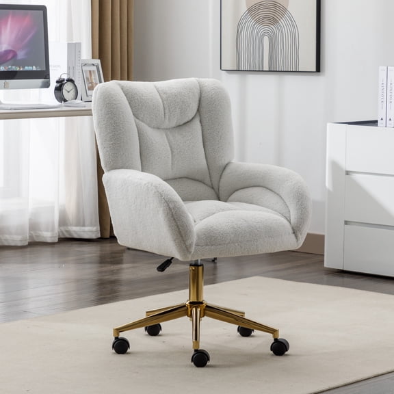 Noble House Rostin Teddy Swivel Home Office Chair, Ergonomic Makeup Vanity Seat with Adjustable Gold Base, Ivory
