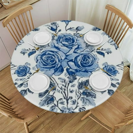 

Sheronv Blue Rose Round Table Cover Stain Resistant Washable for Indoor Outdoor Tablecloth Kitchen Dining Parties - 100% Polyester with Elastic Edge - Perfect for Wedding and Picnic Camping 46 -50