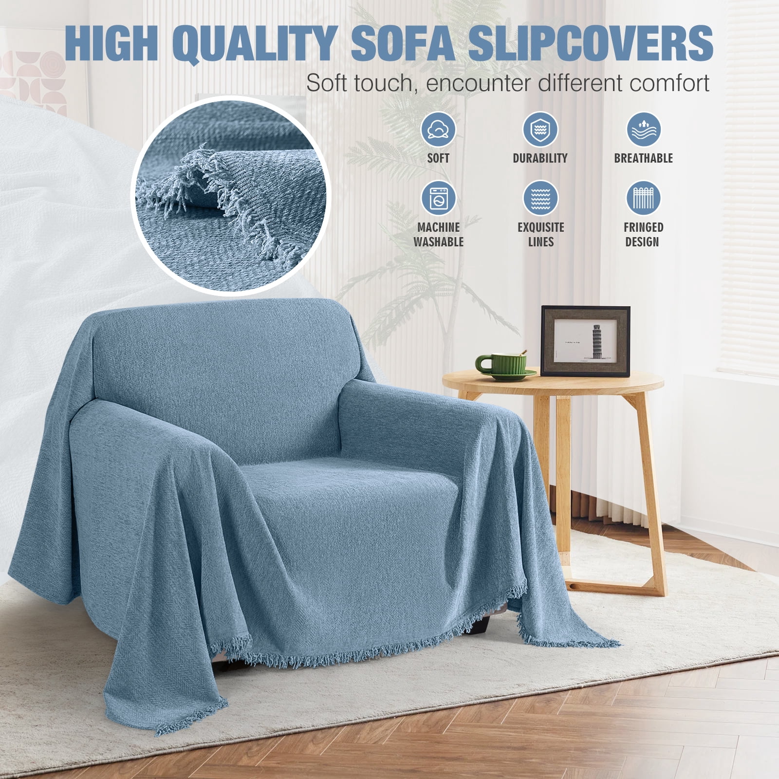 Timeles Couch Covers Washable Sofa Slipcovers with Tassels Sofa Blanket Soft Armchair Cover Durable Furniture Protector for Kids Pets (71" x 71", Blue)