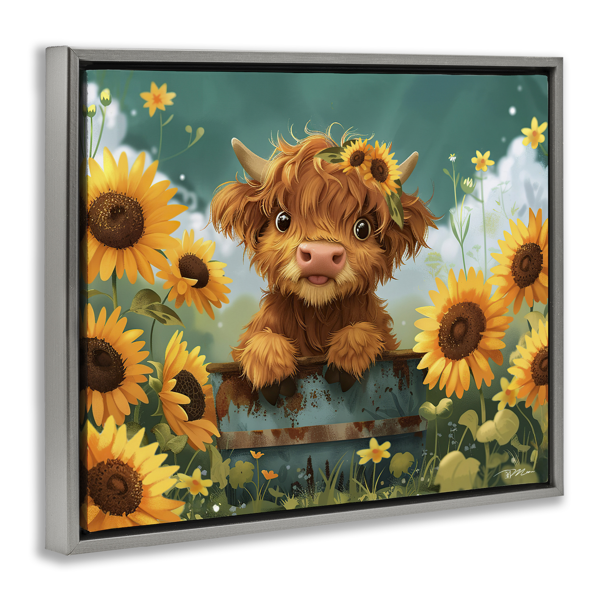 Cute Happy Highland Cow Gray Framed Floater Canvas Wall Art, design by Momart