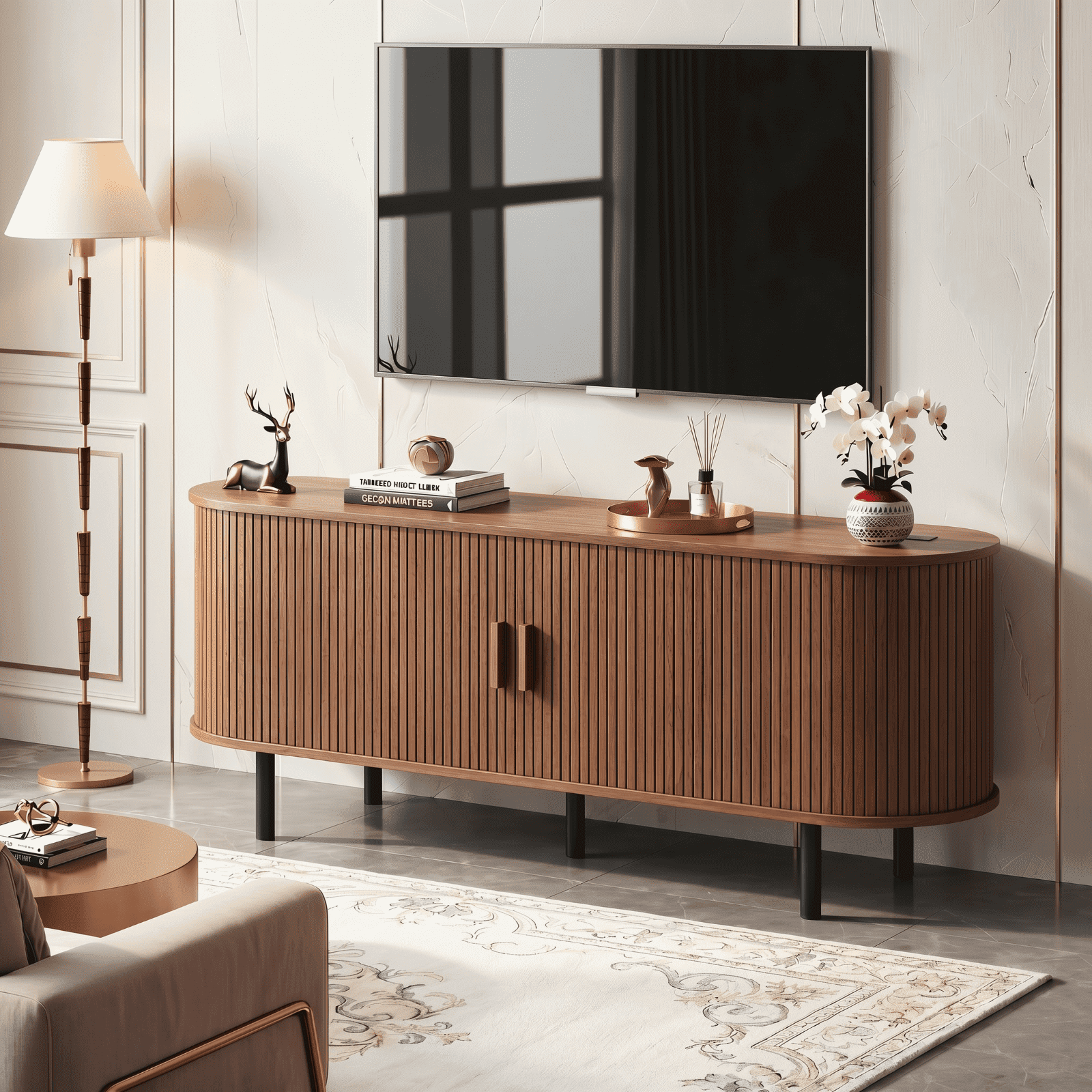55 Inch TV Stand with Built-in Power Outlet, Compatible with TVs Up to 60 Inches, Modern Entertainment Center with Adjustable Shelves, Storage Space, and Sliding Doors, Walnut
