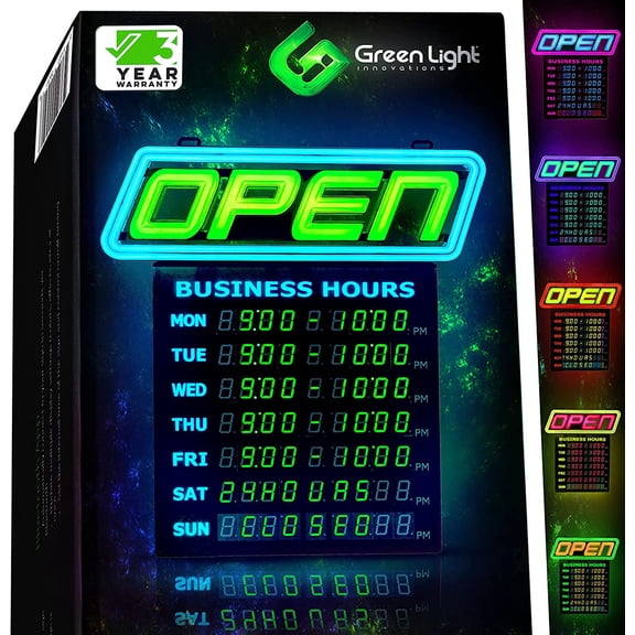 Led Open Sign with Business Hours – Stand Out with 1000’s Color Combos to Match Your Brand, – Neon Flash, or Scroll – Programmable App, 15 x 16.5 inch