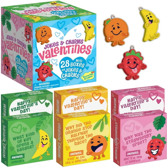 Peaceable Kingdom Cartes de la Saint-Valentin pour Enfants Classe, Ensemble de 28 Cadeaux de la Saint-Valentin - Blagues Idiot avec Charmes de Fruits