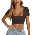 thumbnail image 2 of Jdlsppl Women's Sexy Shirt Crop T Shirt Short Sleeve Square Neck Fashion Soft Summer Spring Cool Basic Top Brown Large, 2 of 4
