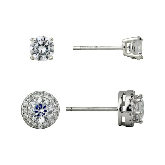 Brilliance Fine Jewelry Women's Round Simulated Diamond Duo Earring Set with Halo in Sterling Silver