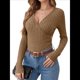 thumbnail image 5 of Camisas de Larga para Mujer, Cuello en V, Punto Acanalado, Corte Ajustado, Suéter con Botones, Blusa Informal de Trabajo para Otoño. Caqui L, 5 of 10