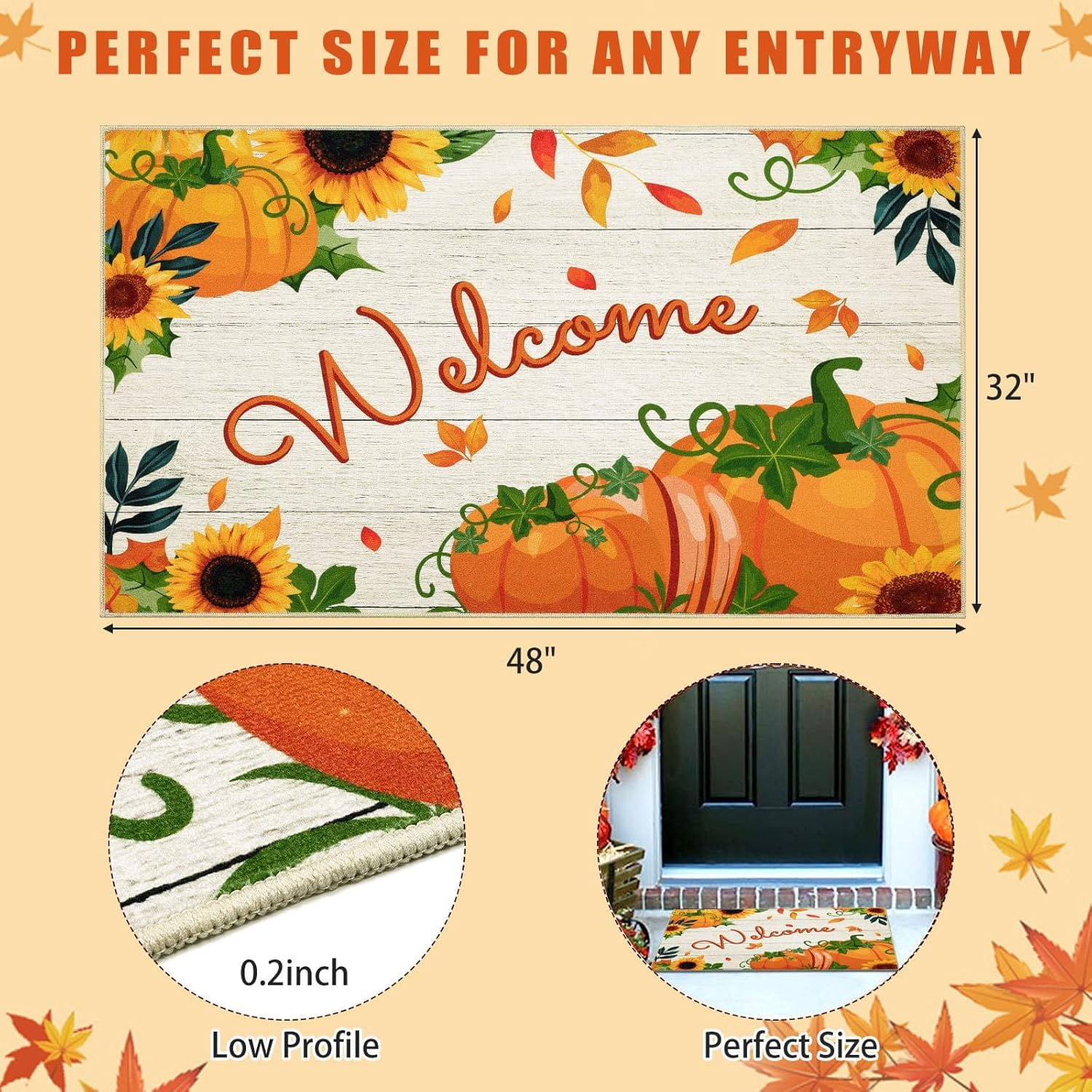 HEBE Fall Door Mat 20"x32" Non Slip Pumpkin Welcome Doormat Buffalo Plaid Doormats for Autumn Harvest Thanksgiving Farmhouse Large Entrance Doormat Low Profile Floor Carpet Mat Washable