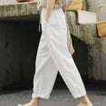 thumbnail image 4 of Womens Casual Elastic Waist Lounge Pants Solid Baggy Cotton Linen Wide Leg Pants Comfy Drawstring Harem Pants with Pocekts(XL,White), 4 of 7