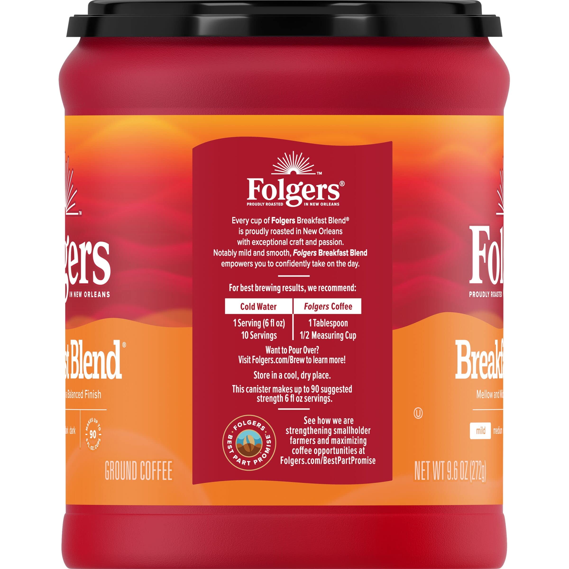 Pack of 2 - Folgers Breakfast Blend Medium_Roast Ground Coffee, Smooth & Mild Coffee, 9.6 Ounce Canister