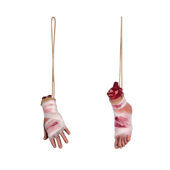 Decorr Halloween Haunted House Decor Prop, 20 Inch Bloody Wrapped Fake Hanging Hand & Foot, Halloween Decorations, Scary Horror Ornament for Bar Party Indoor Atmosphere Decor