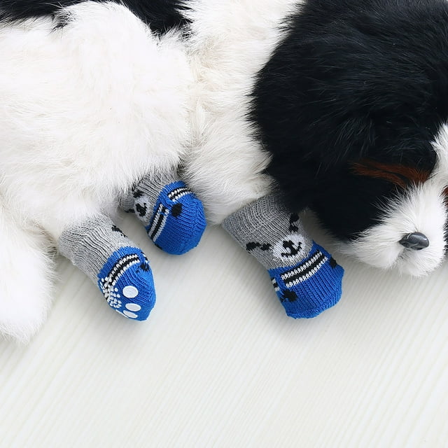 4pcs Calcetines de Perro Tejidos Antideslizantes con Refuerzo de Goma Protector de Patas de Oso para Uso Interior, Gris + Azul, M