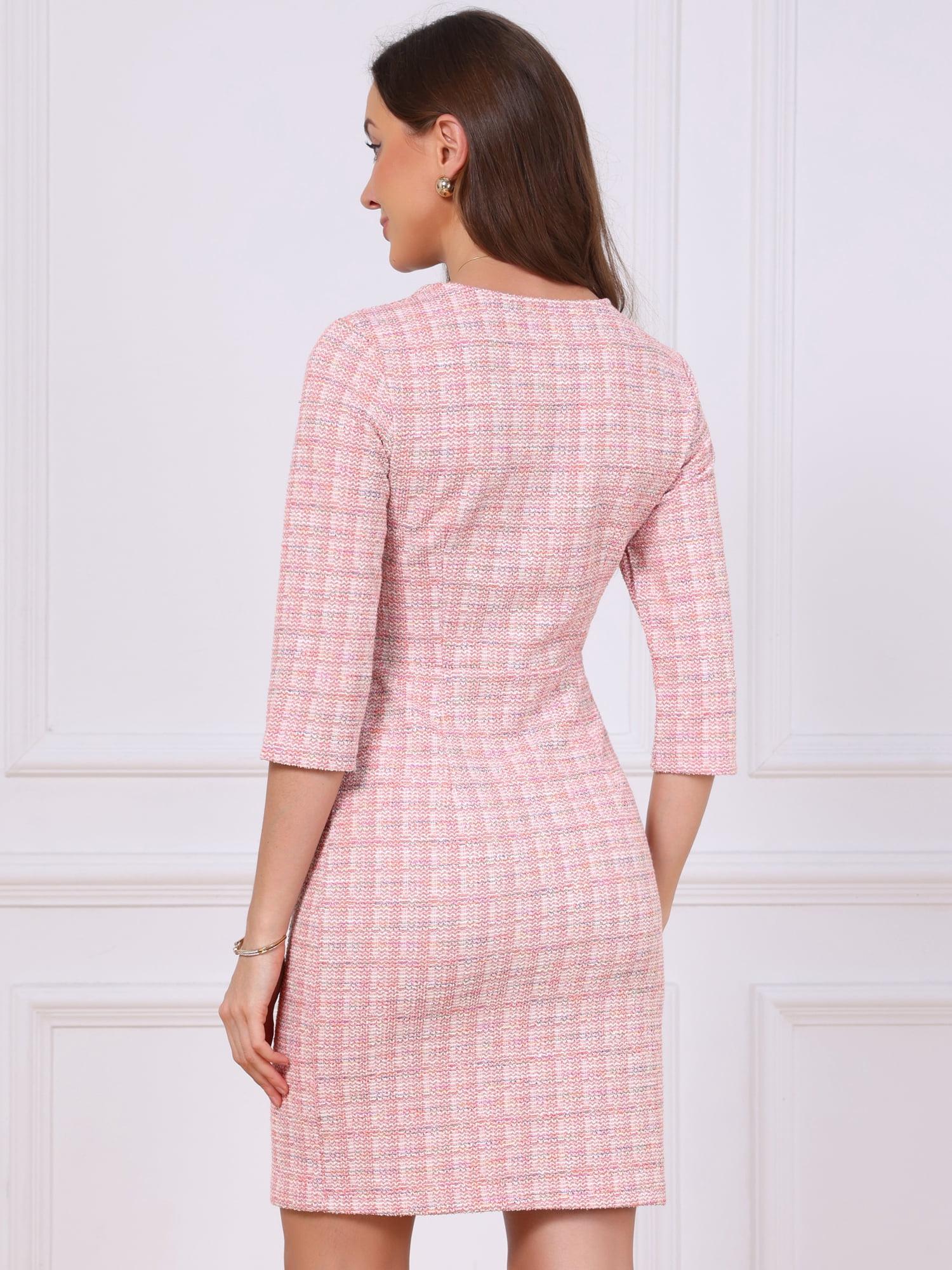 DARING DIVA Women's Tweed Dress Vintage 3/4 Sleeve Business Crew Neck Sheath Dress XS Pink