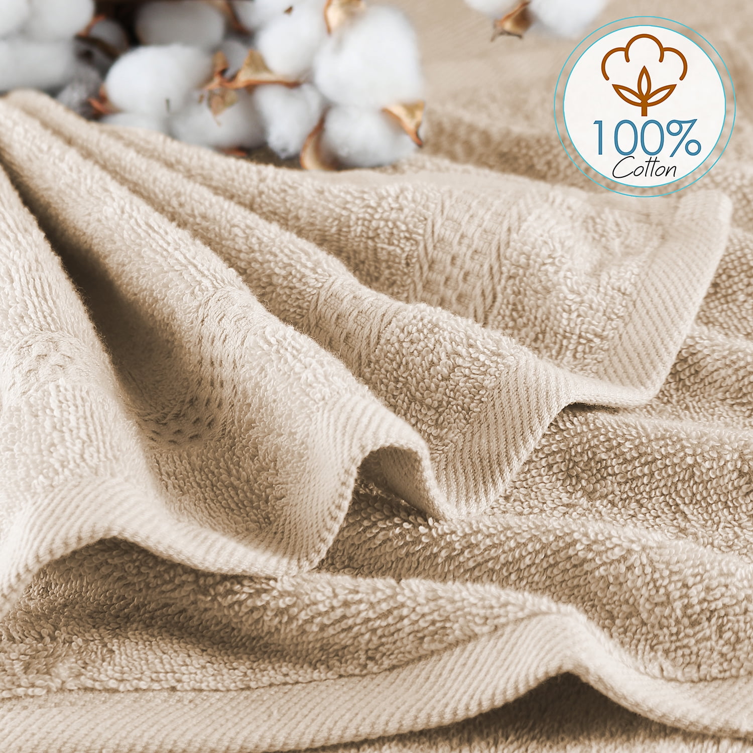 Clara Clark Bath Towels Set, 100% Cotton Luxury Soft Set of 12 Multipurpose Wash Cloths, Cream