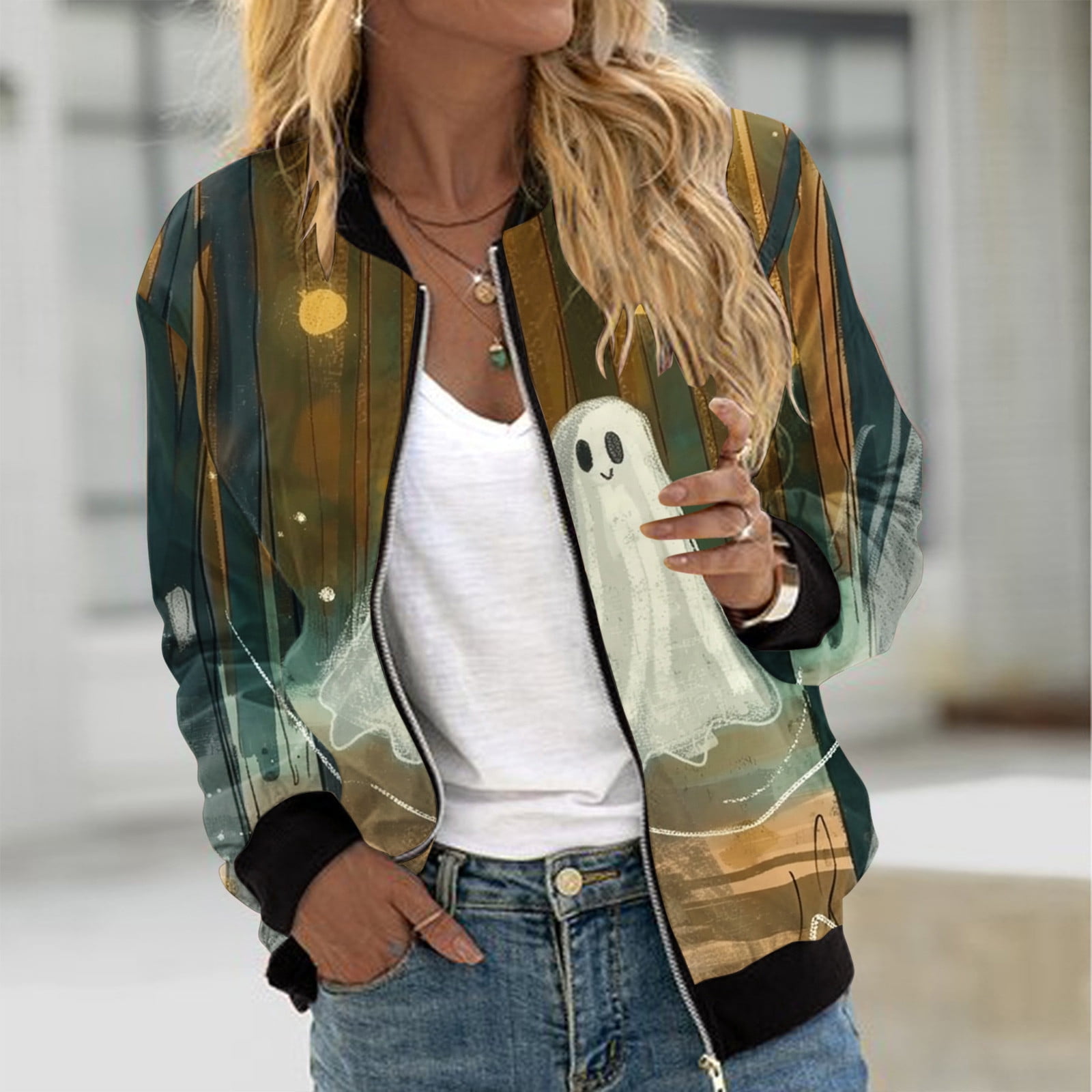 Feancey Womens Zip Up Jacket No Hood,Women Trendy Print
