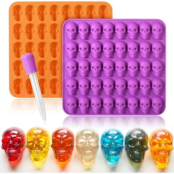 Skull Gummy Chocolate Silicone Molds - 2 Pack 40 Cavity Halloween Mini Skull Mold, Small Candy Molds Silicone with Dropper for Gummies, Jello, Chocolate, Ice Cube
