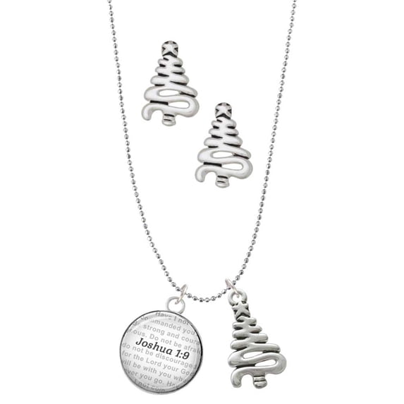 Delight Jewelry Silvertone Domed Joshua 1:9 Silver tone Zig Zag Christmas Tree Charm Necklace and Stud Earrings