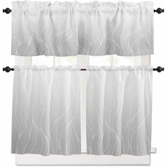 Gray White Ombre Kitchen Curtains and Valances Set, Rod Pocket Curtains Tier Farmhouse Window Curtains 24 Inch Length, Abstract Stripes Greyish Gradient Modern 3 Piece Kitchen Curtains Set