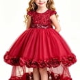 thumbnail image 2 of Girls Mini Gown Sequin Embroidery Flower Ruffle Sleeve Cinched A-Line Tutu Princess Dress Kids Elegant Fluffy Mesh Layered Dresses Wine 12-13 Years, 2 of 7