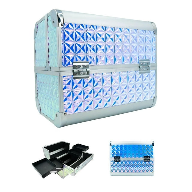 Cosmetiquera metalica Neceser para maquillaje con bandejas y llave.
