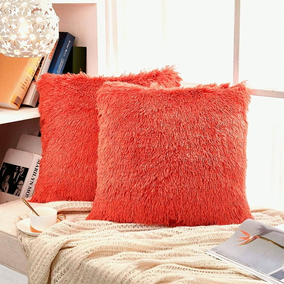 Fluffy Velvet Shaggy Cushion Set - Coral Orange Decorative Pillowcase for Couch, 18"X18" - Plush Throw Pillow Cover - Long Sd Design