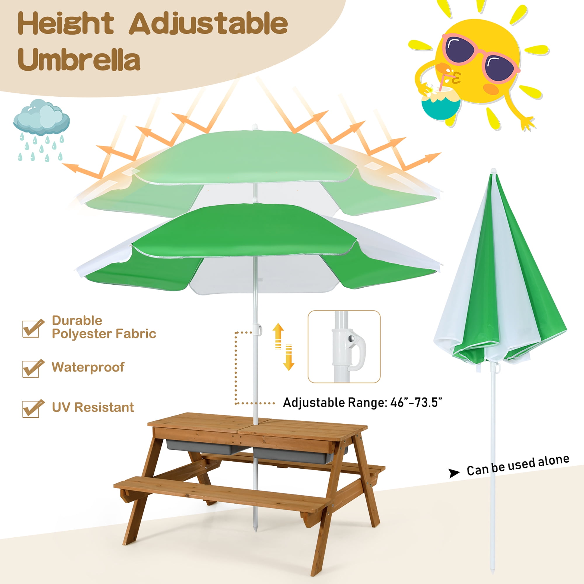 Costway 3-in-1 Kids Picnic Table Wooden Outdoor Sand & Water Table with Umbrella Play Boxes Natural