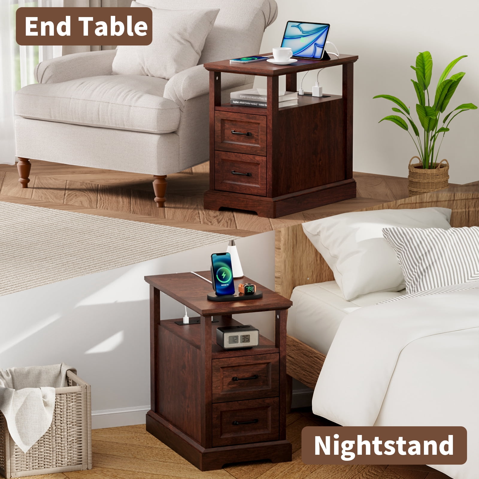 Hommpa 2 Drawers End Tables With Charging Station For Living Room, Farmhouse Narrow Sofa Side Table For Small Spaces, Nightstand Bedside Table with Storage For Bedroom, Brown