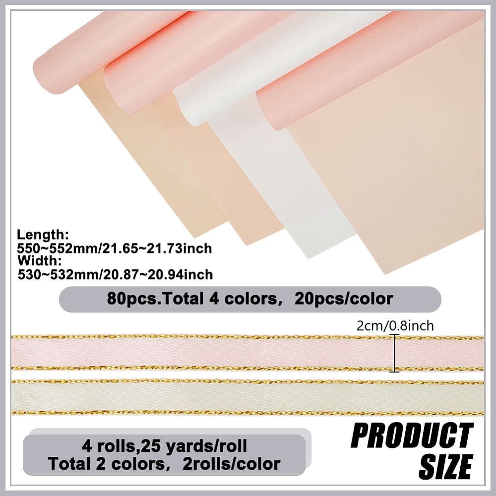 80Pcs 4 Colors Plastic Bouquet Wrapping Craft Paper Wedding Party Decoration with 4 Rolls Gold Edged Satin Ribbon Mixed Color 550~552x530~532x0.1mm