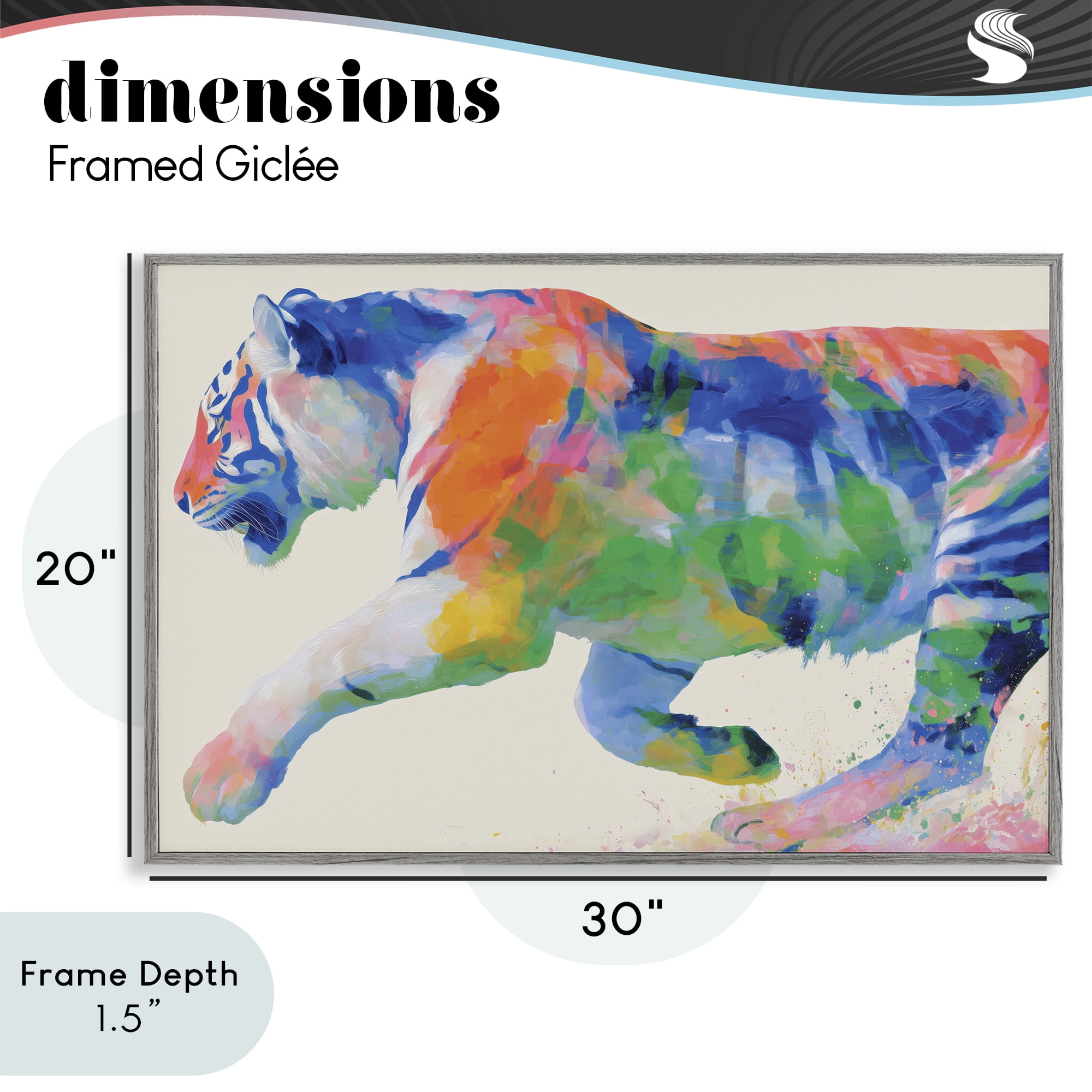 Stupell Industries Colorful Tiger In Motion Gray Framed Giclee Art, design by Chromatic Storm Studio