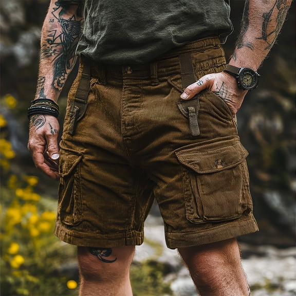 KIHOUT Men's Retro Corduroy Cargo Shorts - 98% Cotton 2% Spandex, Multi-Pocket Design, Button Closure, Loose Fit for Summer, Casual, Outdoor and Daily Wear