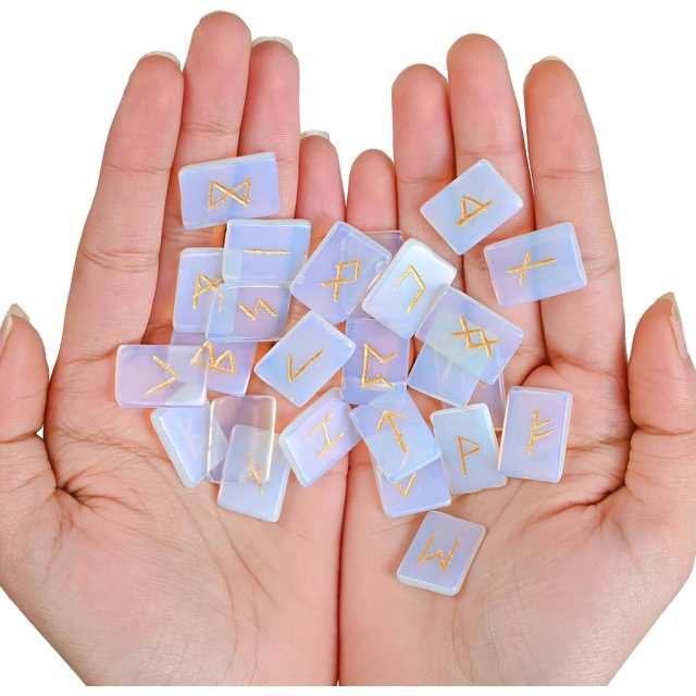 Crocon Opalite Rune Stones Set with Elder Futhark Alphabet Engraved Symbol (Set of 25) for Chakra Balancing Decorative Home Office Stone Size :- 20-25 mm App. | with a Pouch & A Rune brochure