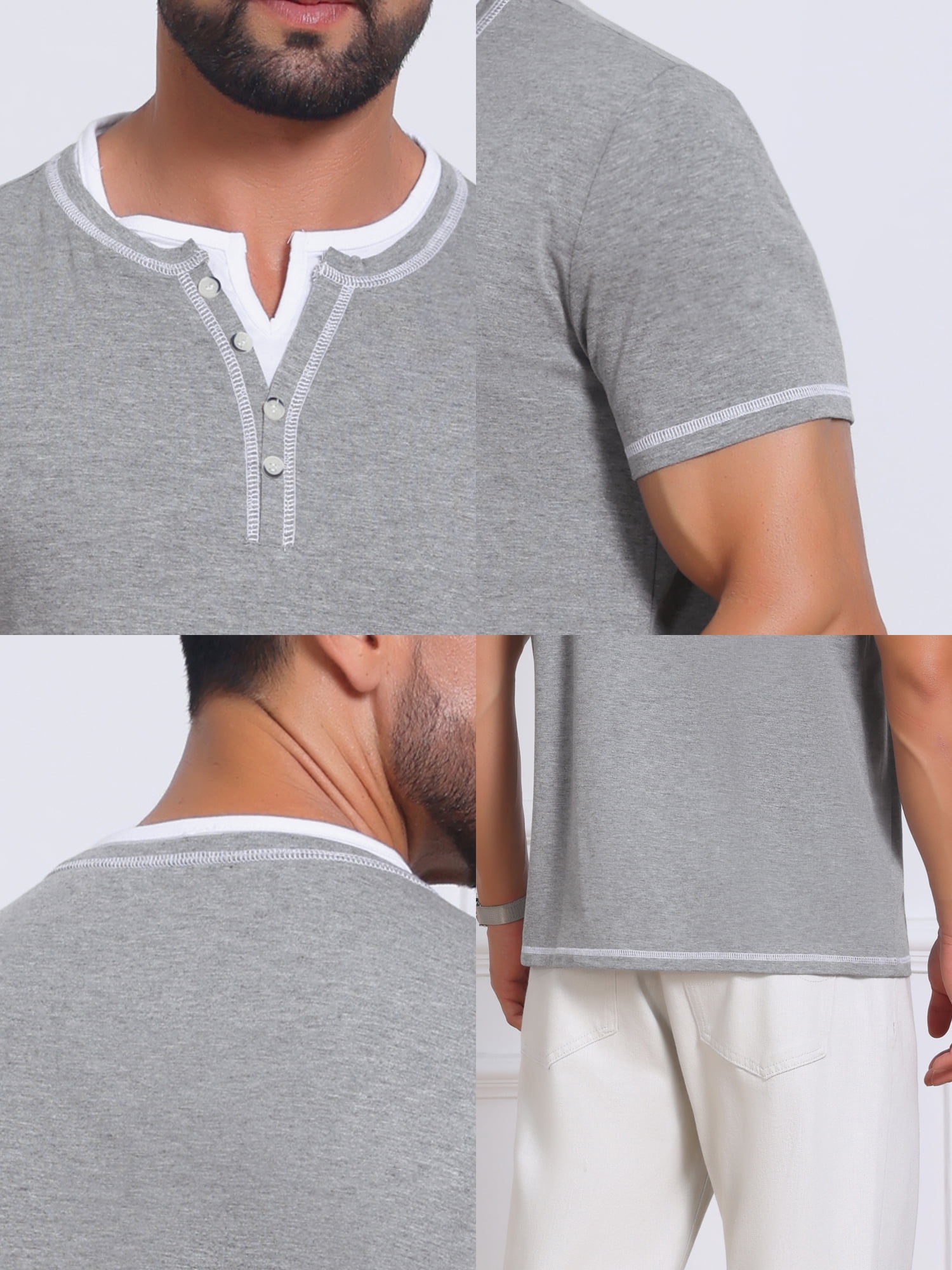 DARING DIVA Men's Henley V-Neck Colorblock Button Down Short Sleeve T-Shirt M Light Gray