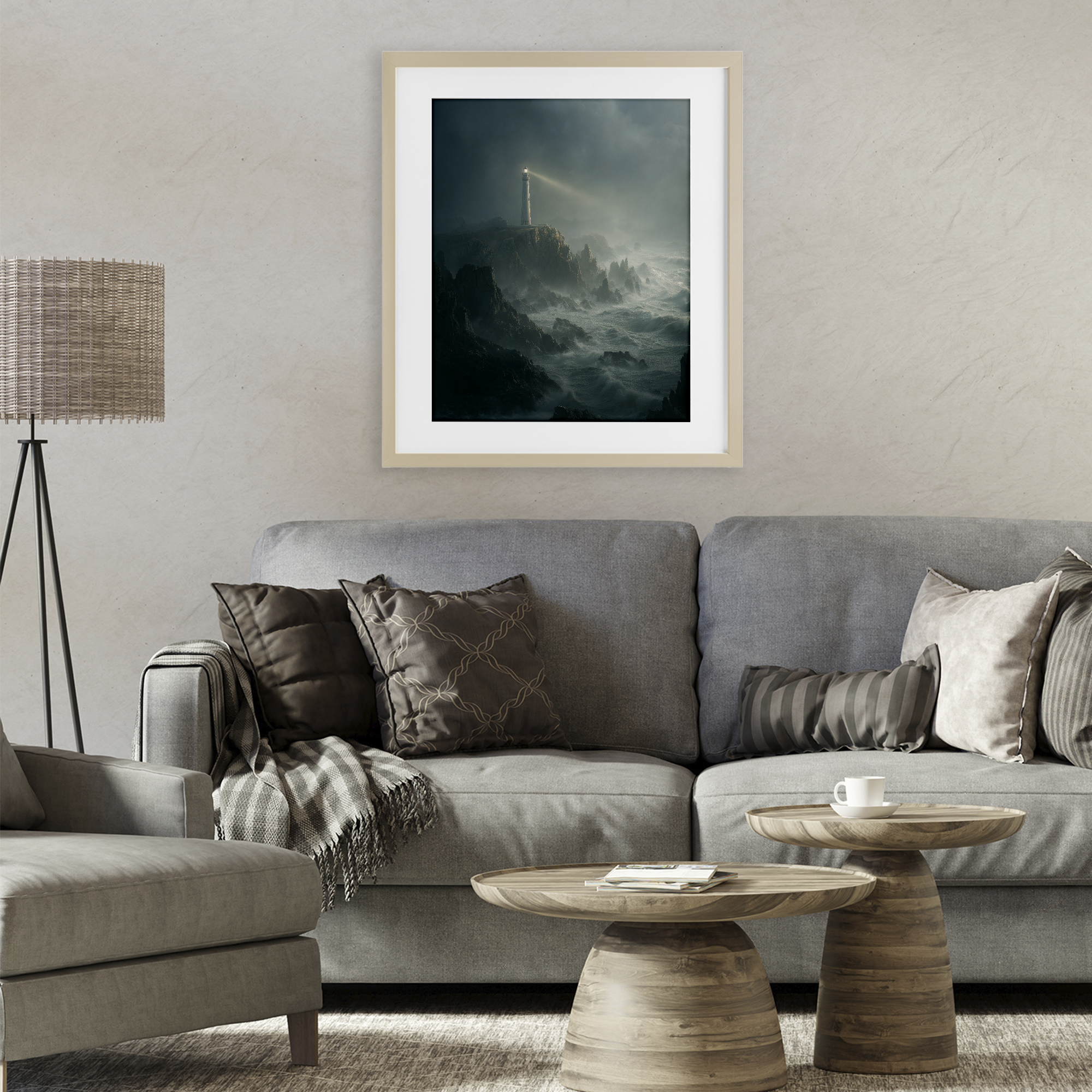 Lighthouse and Stormy Cliff Birch Framed Print Under Glass, design by Ziwei Li