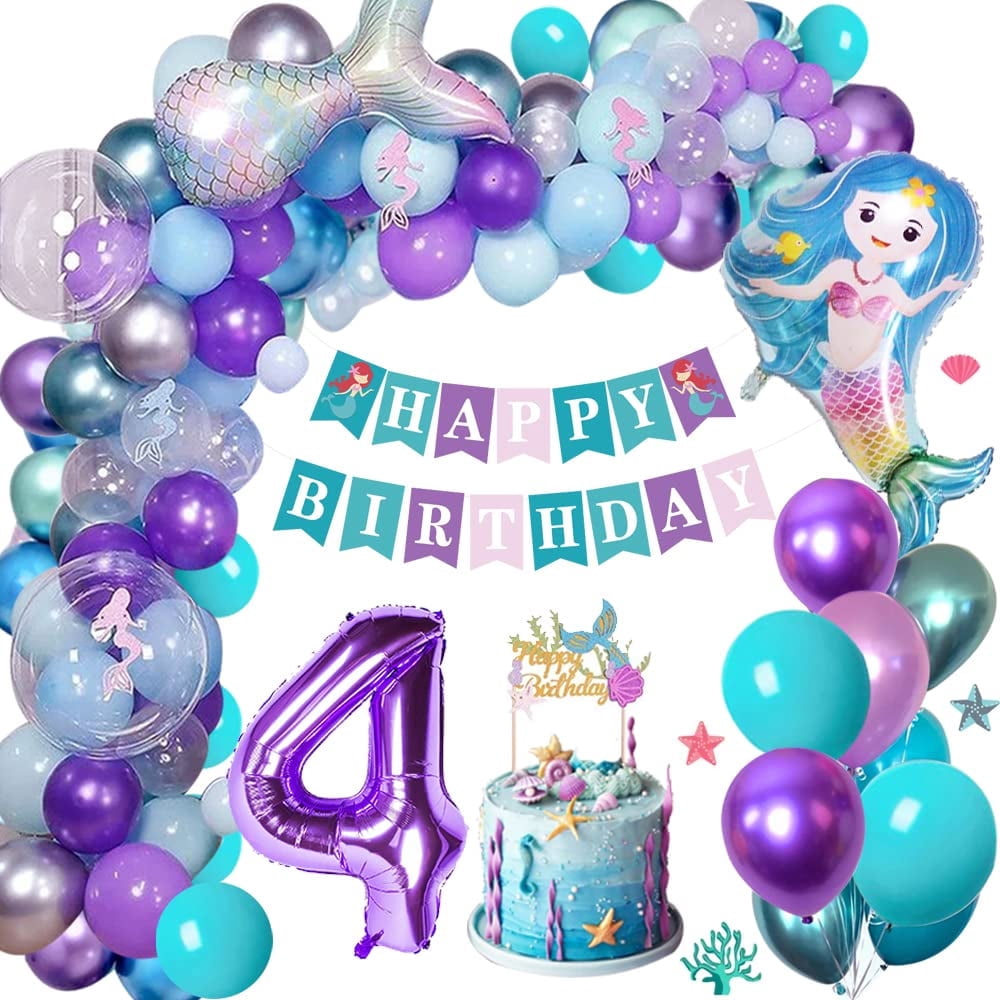Mermaid Birthday Party Decorations, 4th Birthday Mermaid Balloons Number 4 Balloon Mermaid Tail Balloons Latex Balloons for 4th Birthday Decorations Girls Mermaid Party Supplies