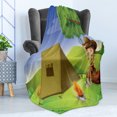thumbnail image 4 of Colorful Soft Flannel Fleece Throw Blanket, Little Kid Sitting on a Trunk Camp Life Tent Joyful Panorama Illustration, Cozy Plush for Indoor and Outdoor Use, 50" x 60", Green Brown Blue, by Ambesonne, 4 of 5