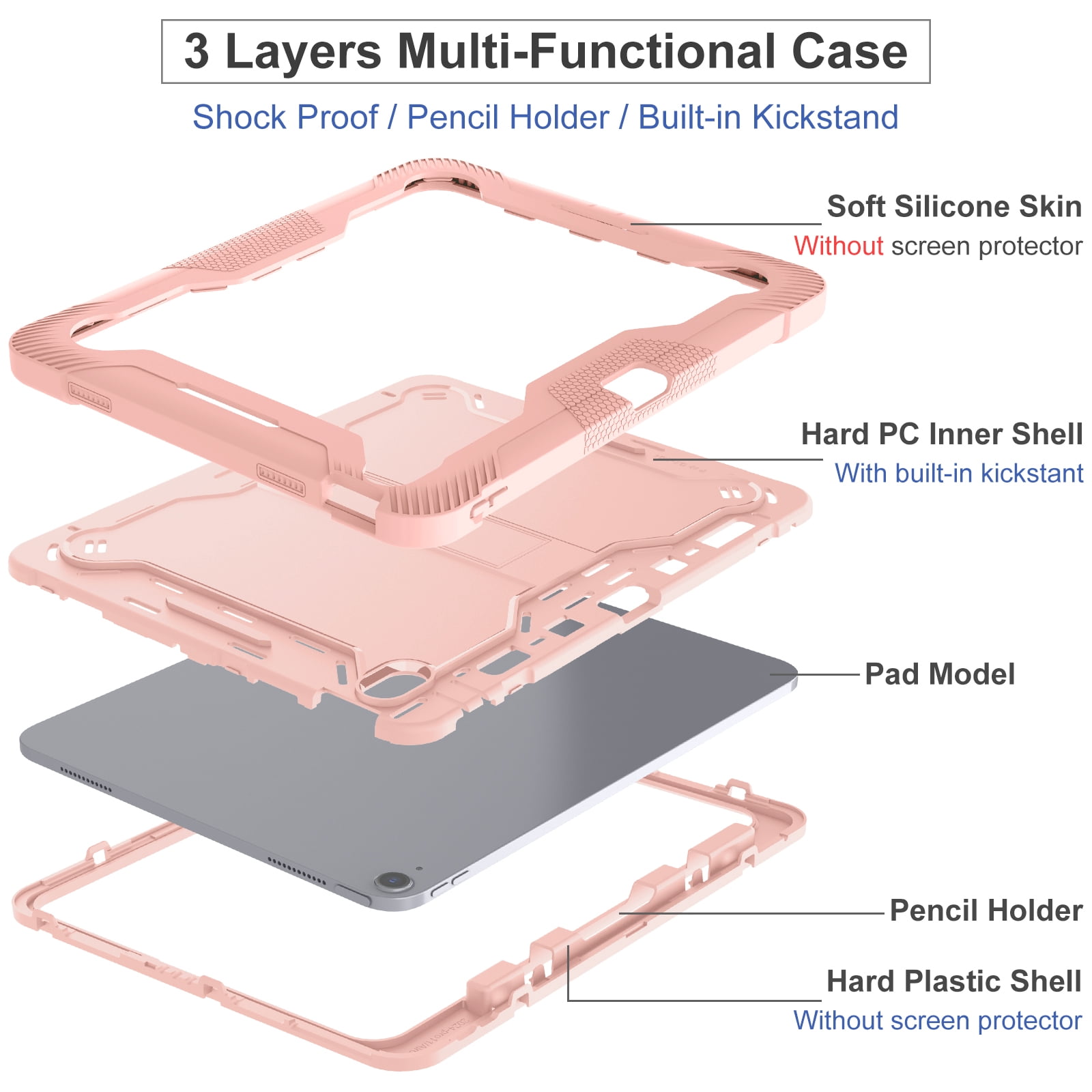 Dteck Case for iPad Air 13-inch (M2) 2024, iPad Air 13 Inch Case with Kickstand and Pencil Holder, Heavy Duty Shockproof Protective Cover for Kids,Rosegold