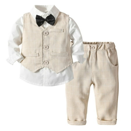 

0-7Y Toddler Boys Clothes Formal Suit Sets Cotton Shirt+Bow Tie+Suspender Pants 4 Piece Infant Gentleman Outfits