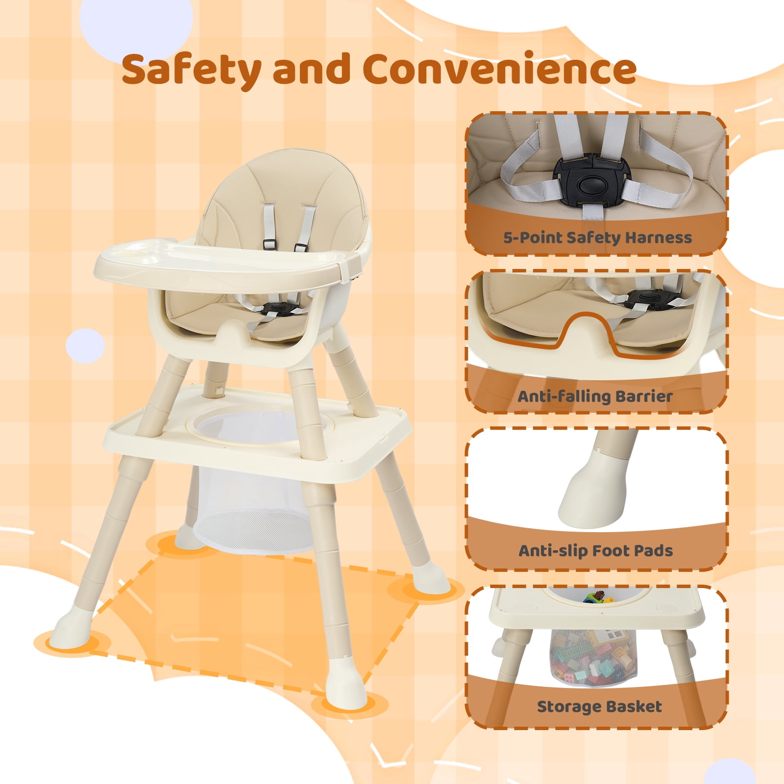 PEXMOR 7 in 1 Convertible Baby High Chair, Leather Cushion Eating Table Chair Set for Babies Toddlers, Beige