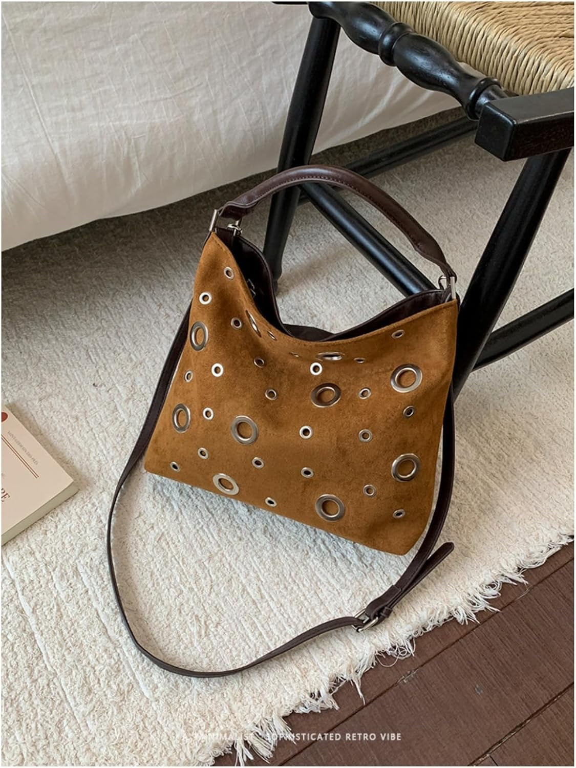 SPEKSEE Suede Hobo Bag for Women Studded Grommet Crossbody Tote Vintage Slouchy Shoulder Handbag Stylish Fall Purse