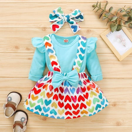

Augper Baby Girl Clothes Long Sleeve Fall Winter Clearance Infant Baby Girls Valentine s Day Romper Bodysuit+Heart Suspender Skirts Outfits Blue