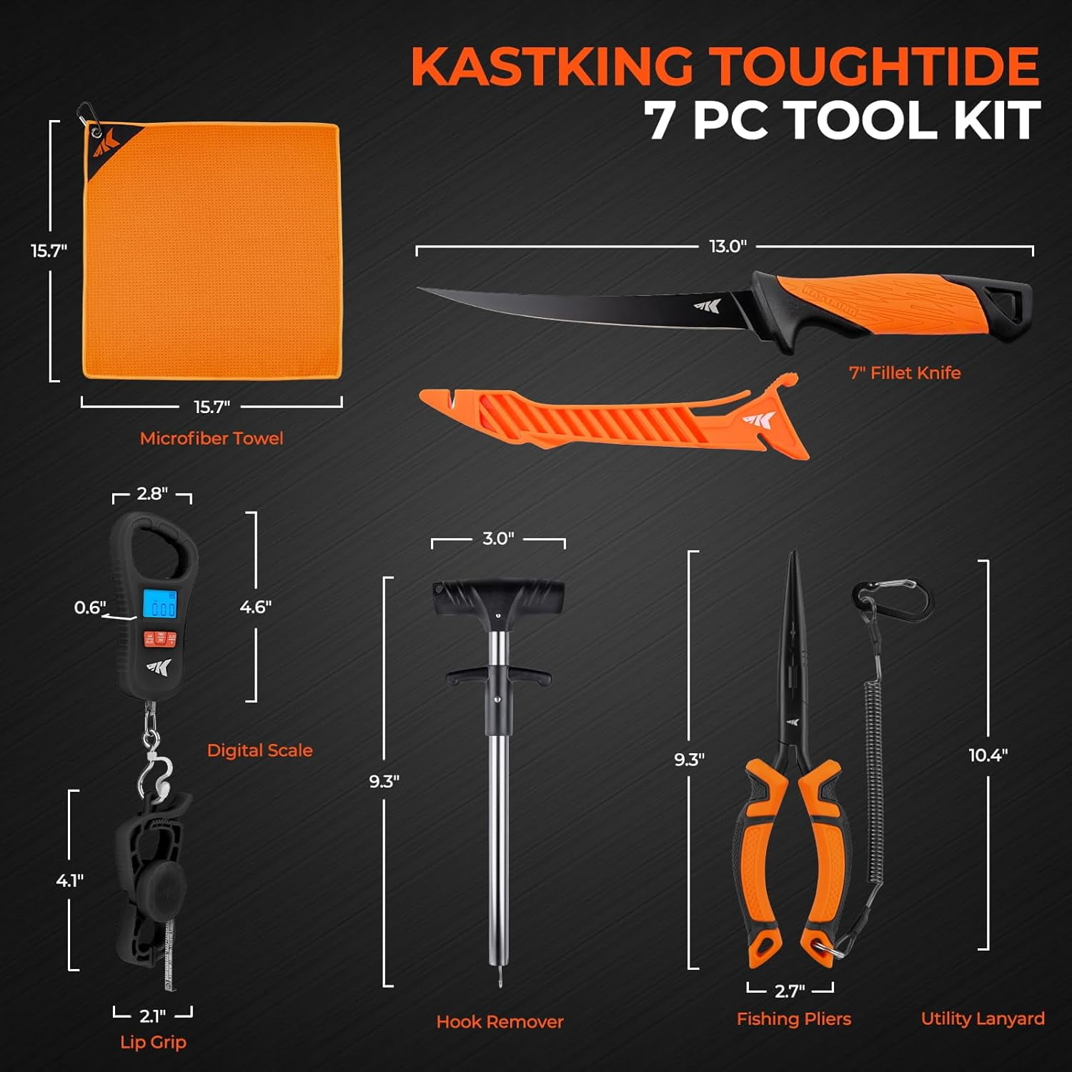 KastKing 7Pc Fishing Tool Kit, Rechargeable Digital Fish Scale with Lip Grip & Tape Measure, 7” Fillet Knife with Sheath & Sharpener, 8” Split Ring Fishing Pliers ToughTide