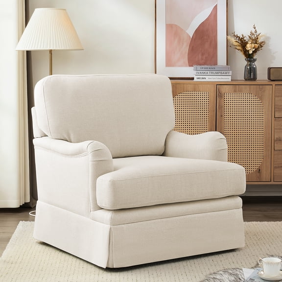 Carolayne 360°Swivel Armchair, Upholstered Chenille Accent Chair with Skirted Base for Living Room, Cozy Small Spaces Sofa Chair Bedroom Seat, Linen Beige Color