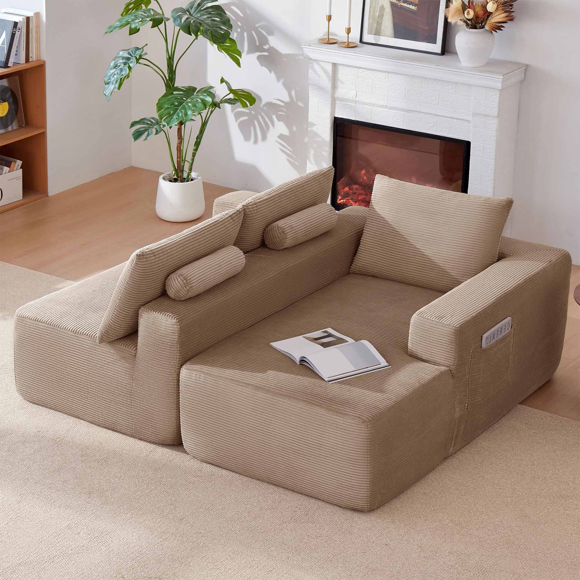 Lunale L-Shaped Modular Sectional Sofa with Movable Chaise, 3-Seater Boneless Cloud Couch for Living Room, Camel(Right Facing Chaise)