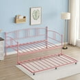 thumbnail image 6 of Jojoka Twin Size Metal Daybed with Trundle, Day Bed with 6 Casters Pullout Trundle, Steel Slat Support Sofa Bed Frame for Small Space, Guest Room, Bedroom, Living Room, Apartment, Pink, 6 of 7